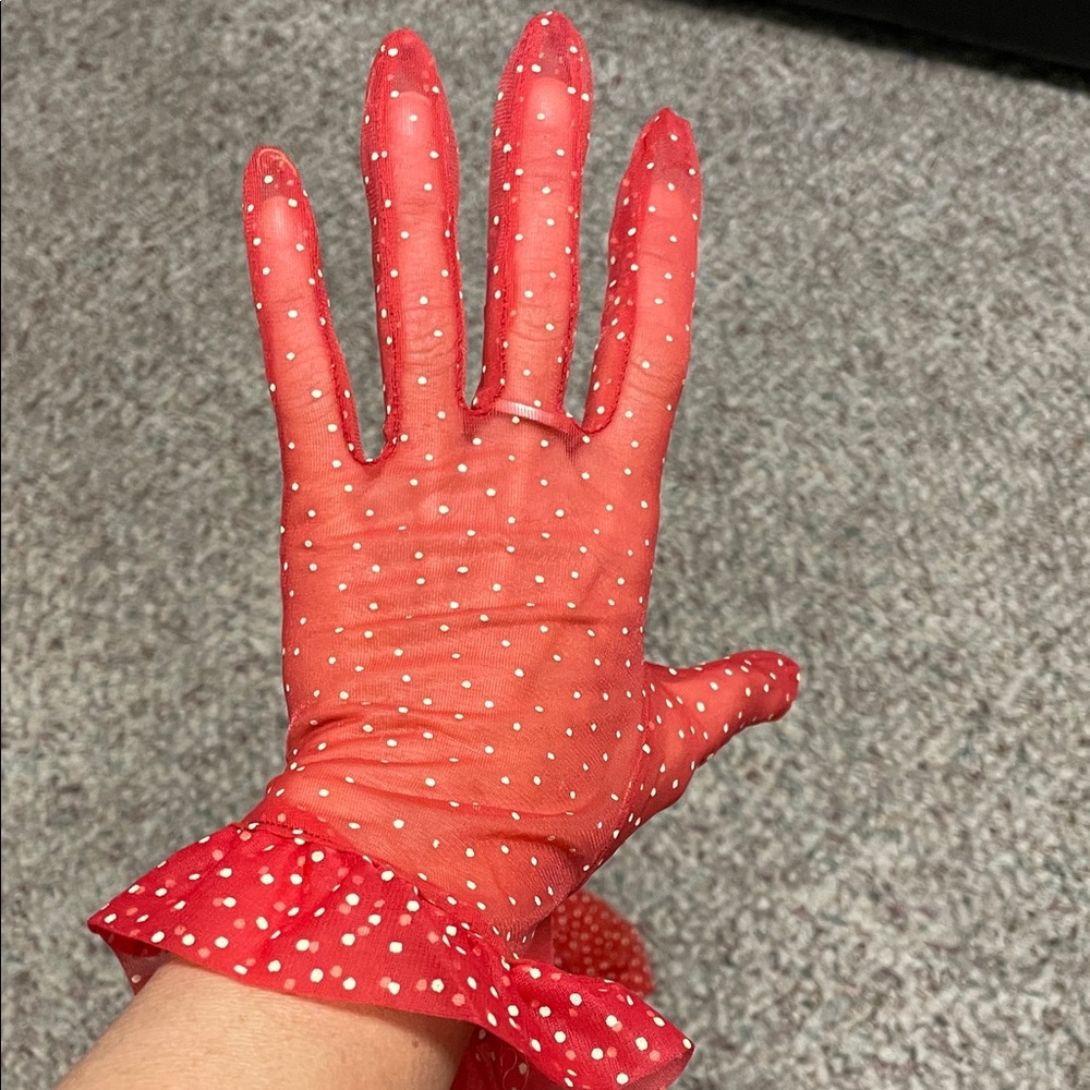 Vintage 50s sheer Red Polka Dot ruffle accent Gloves